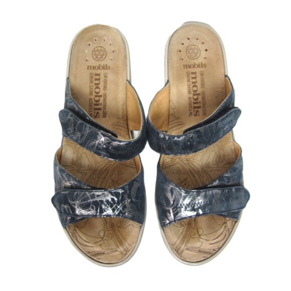 Mephisto Paula Size 40 9 9.5 Blue Silver Slip On Slide Sandals Wedge Heel - Picture 6 of 8